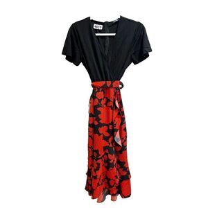 BTFBM Womens Black Red Wrap Dress S Ruffle Rockabilly Retro Faux Wrap Sexy Midi
